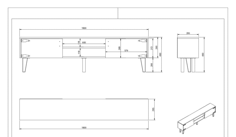Mobile tv in legno noce con ante e vani stile vintage in legno noce cm 180x29x49h