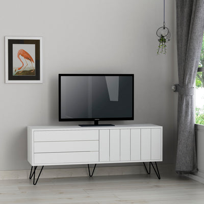 mobile porta tv in legno bianco opaco 2 ante a ribalta gambe in metallo nero