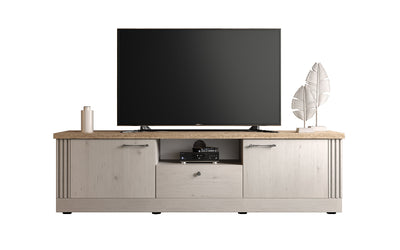 Teleos - Mobile porta tv stile country bianco effetto shabby con ante e cassetto cm 211x44x58h