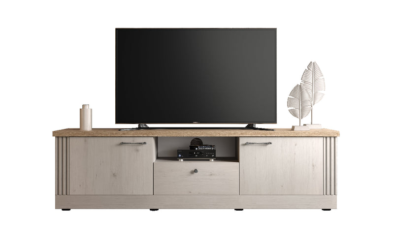 Teleos - Mobile porta tv stile country bianco effetto shabby con ante e cassetto cm 211x44x58h