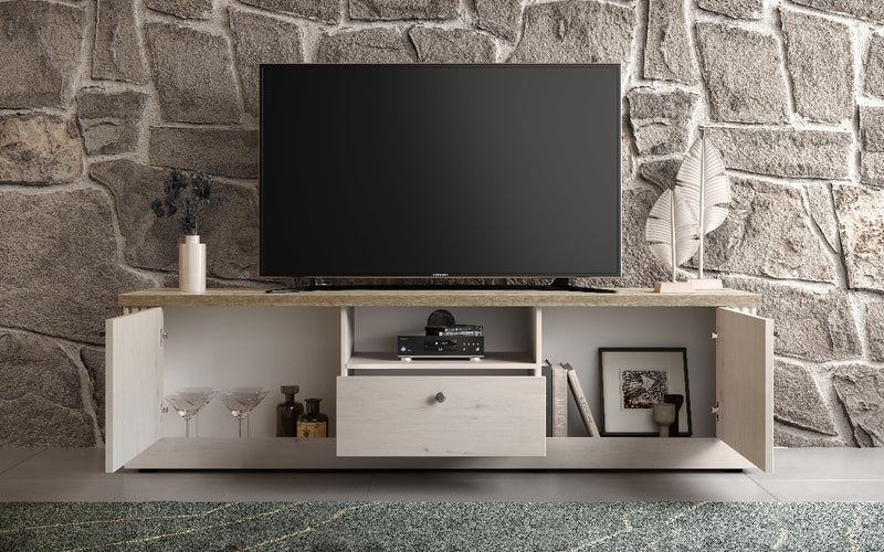 Teleos - Mobile porta tv stile country bianco effetto shabby con ante e cassetto cm 211x44x58h