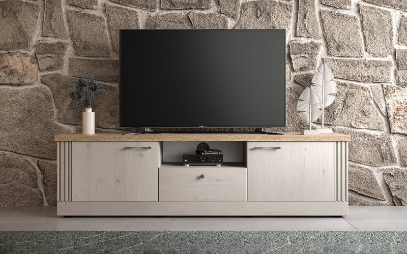 Teleos - Mobile porta tv stile country bianco effetto shabby con ante e cassetto cm 211x44x58h