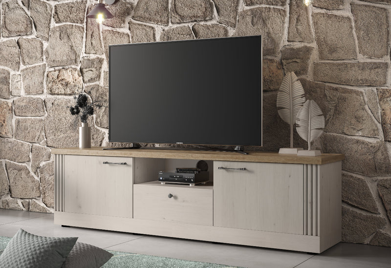 Teleos - Mobile porta tv stile country bianco effetto shabby con ante e cassetto cm 211x44x58h
