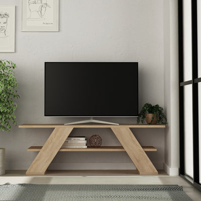 Mobile porta tv moderno in legno color quercia chiaro opaco con 2 ripiani. Dimensioni cm 120x34x40h