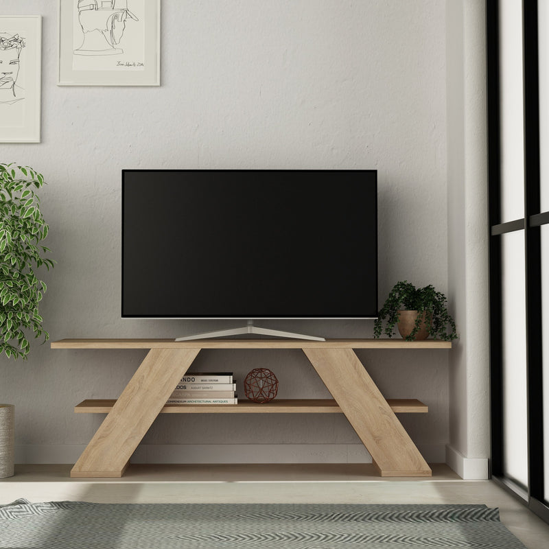 Mobile porta tv moderno in legno color quercia chiaro opaco con 2 ripiani. Dimensioni cm 120x34x40h