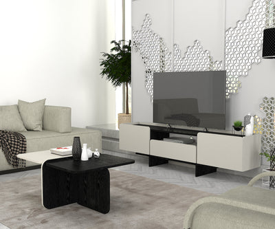 Mobile tv moderno grigio con ripiano centrale nero e 3 ante cm 184x37x49h