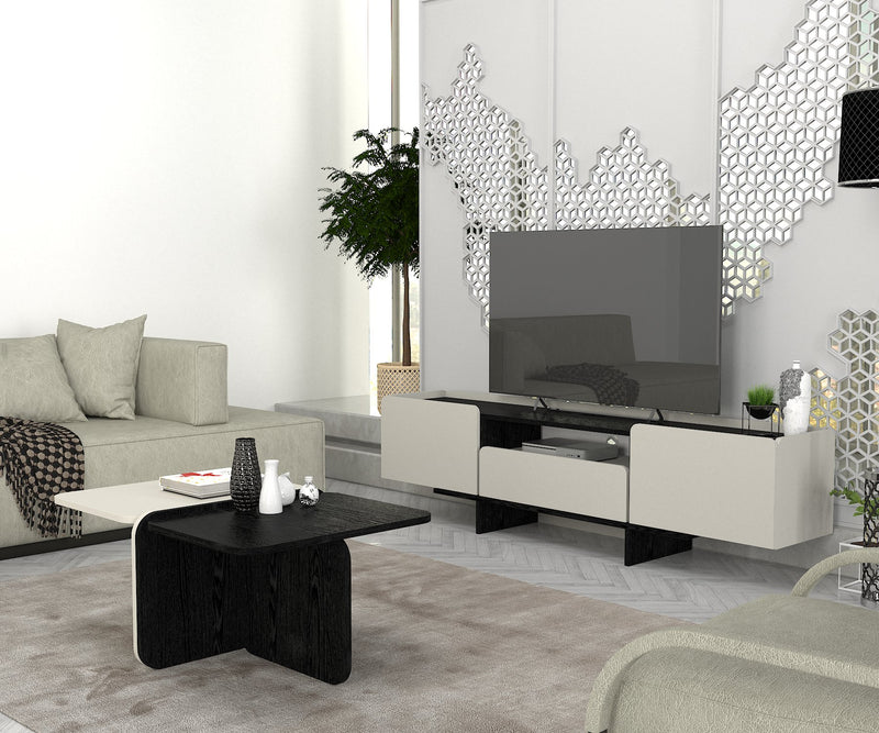 Mobile tv moderno grigio con ripiano centrale nero e 3 ante cm 184x37x49h