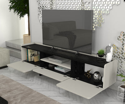 Mobile tv moderno grigio con ripiano centrale nero e 3 ante cm 184x37x49h