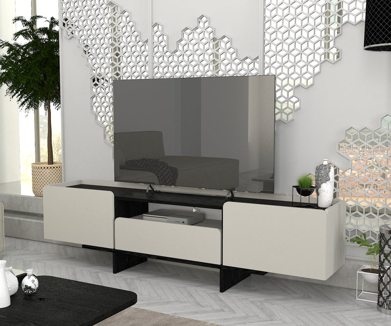 Mobile tv moderno grigio con ripiano centrale nero e 3 ante cm 184x37x49h