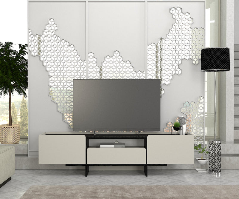 Mobile tv moderno grigio con ripiano centrale nero e 3 ante cm 184x37x49h