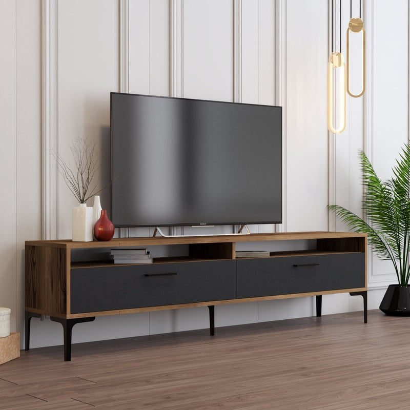 Mobile tv basso in legno bicolore noce e antracite ante e vani cm 180x47x35h