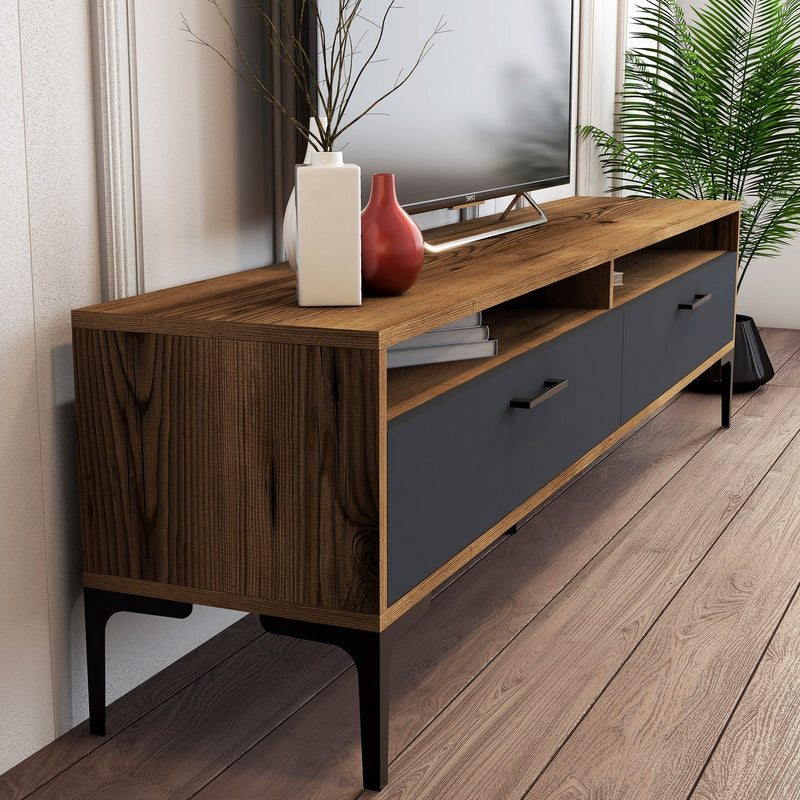 Mobile tv basso in legno bicolore noce e antracite ante e vani cm 180x47x35h