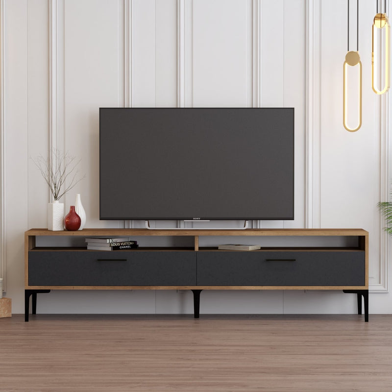 mobile porta tv basso in legno colore noce 2 vani a giorno e 2 ante a ribalta antracite