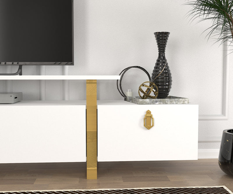 Mobile tv elegante bianco opaco con maniglie e piedi oro cm 180x31x46h