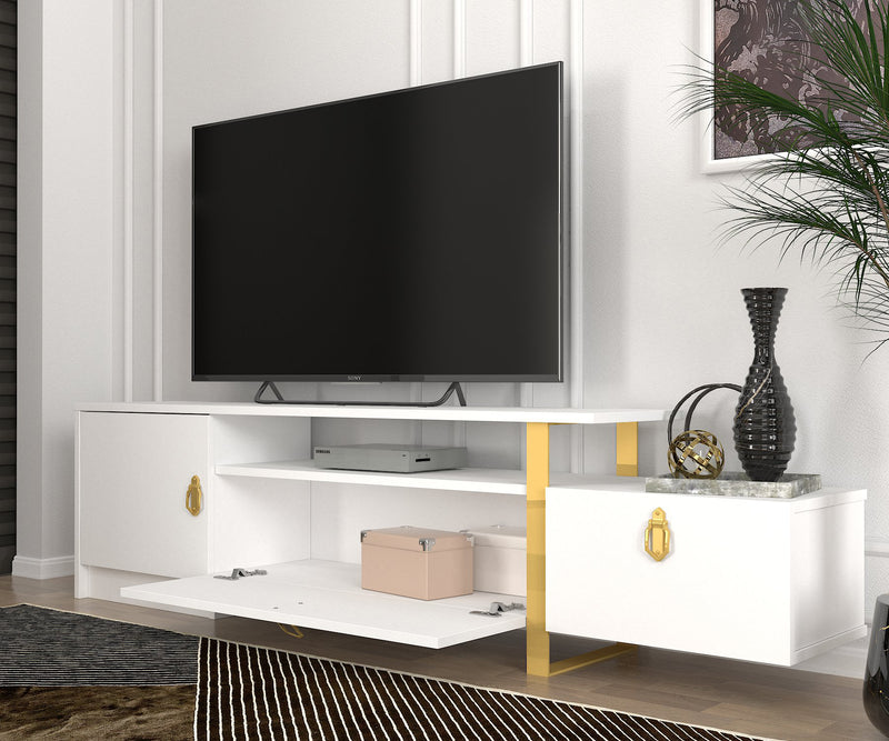 Mobile tv elegante bianco opaco con maniglie e piedi oro cm 180x31x46h