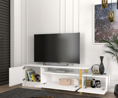 Mobile tv elegante bianco opaco con maniglie e piedi oro cm 180x31x46h