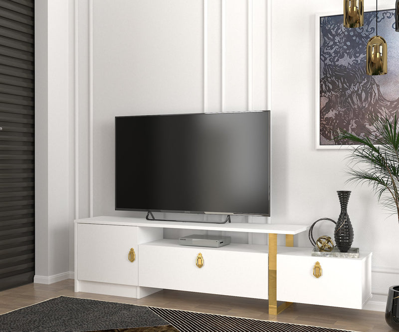 Mobile tv elegante bianco opaco con maniglie e piedi oro cm 180x31x46h