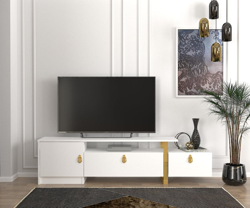 Mobile tv elegante bianco opaco con maniglie e piedi oro cm 180x31x46h