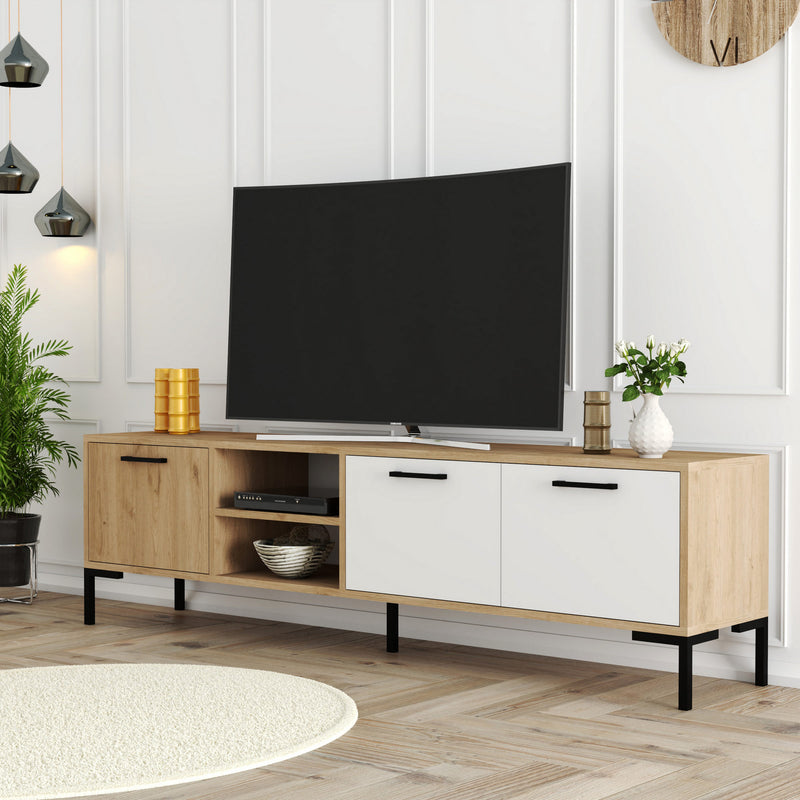 Mobile tv moderno con 3 ante e vani quercia e bianco gambe in metallo cm 180x35x50h