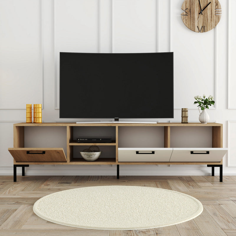 Mobile tv moderno con 3 ante e vani quercia e bianco gambe in metallo cm 180x35x50h