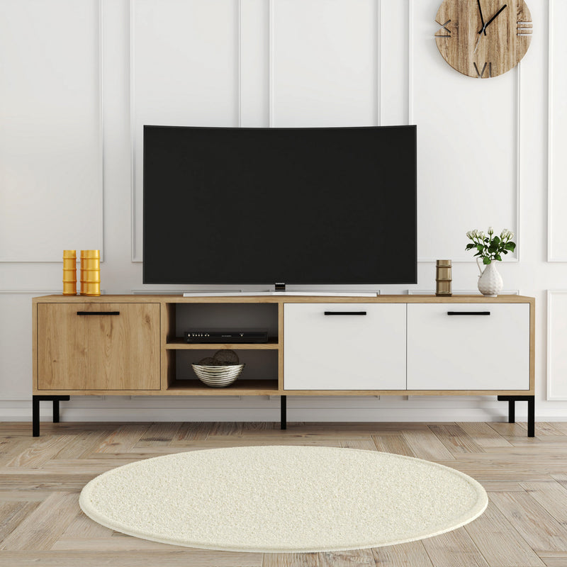 Mobile tv moderno con 3 ante e vani quercia e bianco gambe in metallo cm 180x35x50h