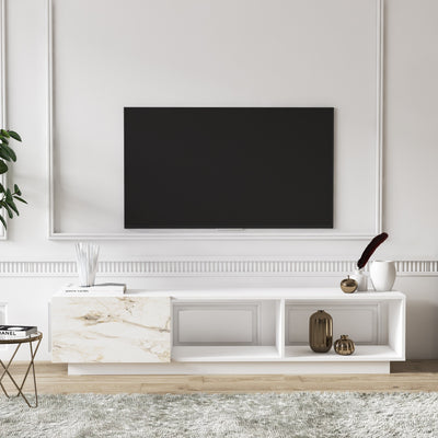 mobile porta tv moderno in legno bianco 2 vani aperti e  anta a ribalta finitura marmo bianco