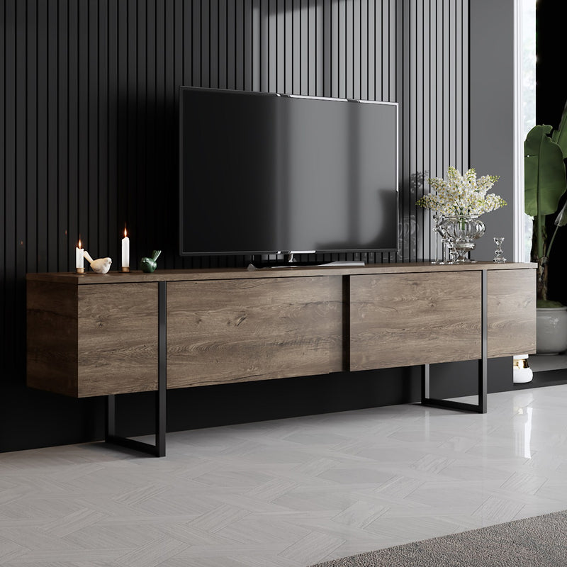 mobile porta tv moderna in legno colore noce 2 ante a ribalta con sostegni in metallo nero