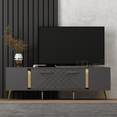porta tv design con anta in legno colore antracite con insetti maniglie e gambe dorate