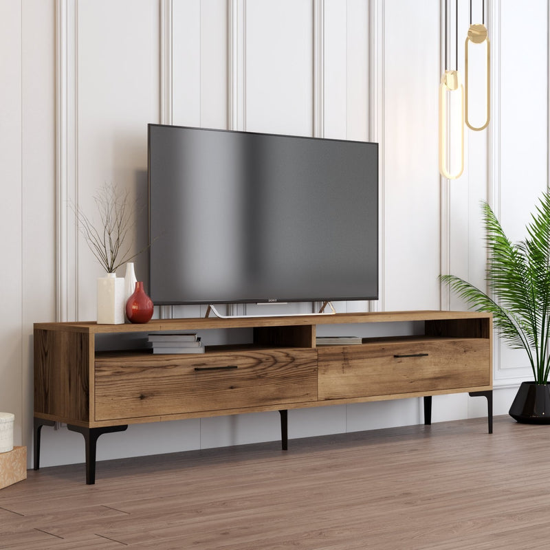 Porta tv basso moderno con 2 ante 2 vani in legno finitura noce cm 180x47x35h