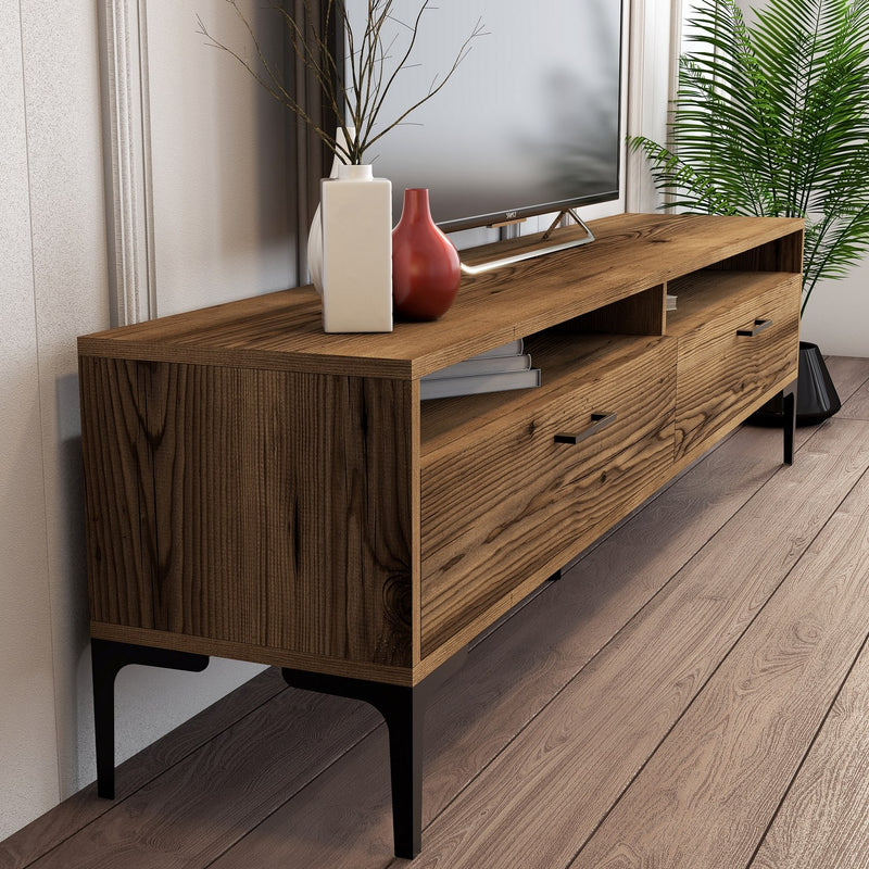 Porta tv basso moderno con 2 ante 2 vani in legno finitura noce cm 180x47x35h