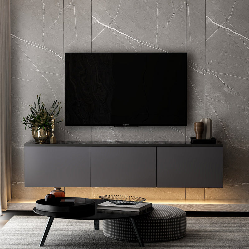 base tv sospesa moderna con luci a led  struttura 3 ante colore antracite top marmo nero