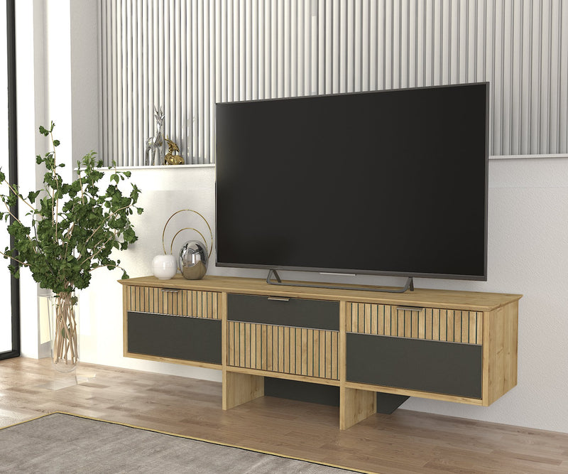 Mobile tv moderno industrial 3 ante antracite e rovere cm 150x35x45h