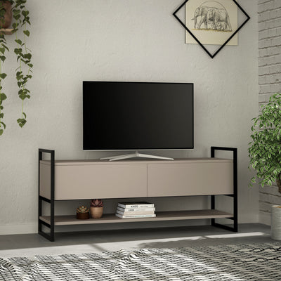 mobile porta tv moderno struttura in legno colore moka 2 ante e ripiano gambe in metallo nero