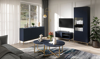 Mobile tv piccolo moderno con anta e vani colore blu e oro cm 100x41x50h