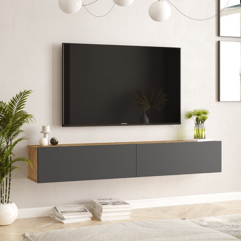 Mobile tv sospeso in legno design a 2 ante a ribalta bicolore cm 180x32x30h - vari colori