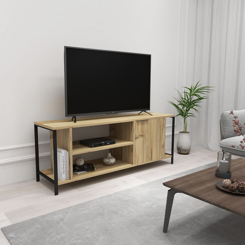 Mobile tv con vani e anta stile industriale in legno quercia e metallo cm 120x35x48h