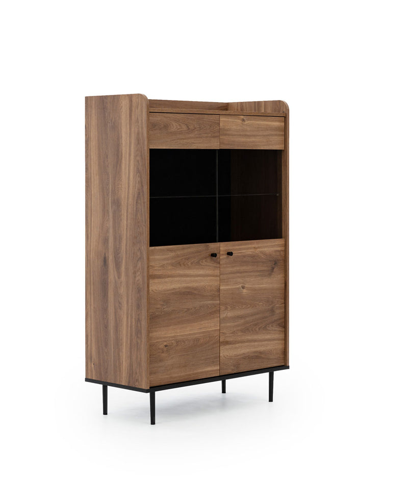 vetrinetta moderna con 2 ante in legno colore rovere scuro gambe in metallo nero