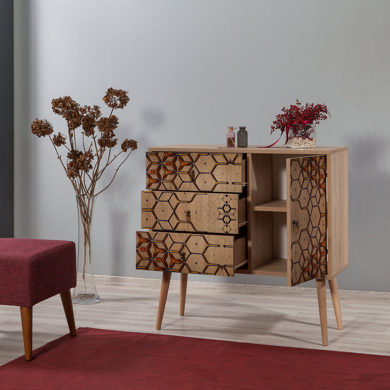 Mobiletto soggiorno anta e cassetti in legno naturale decorato cm 90x40x90h
