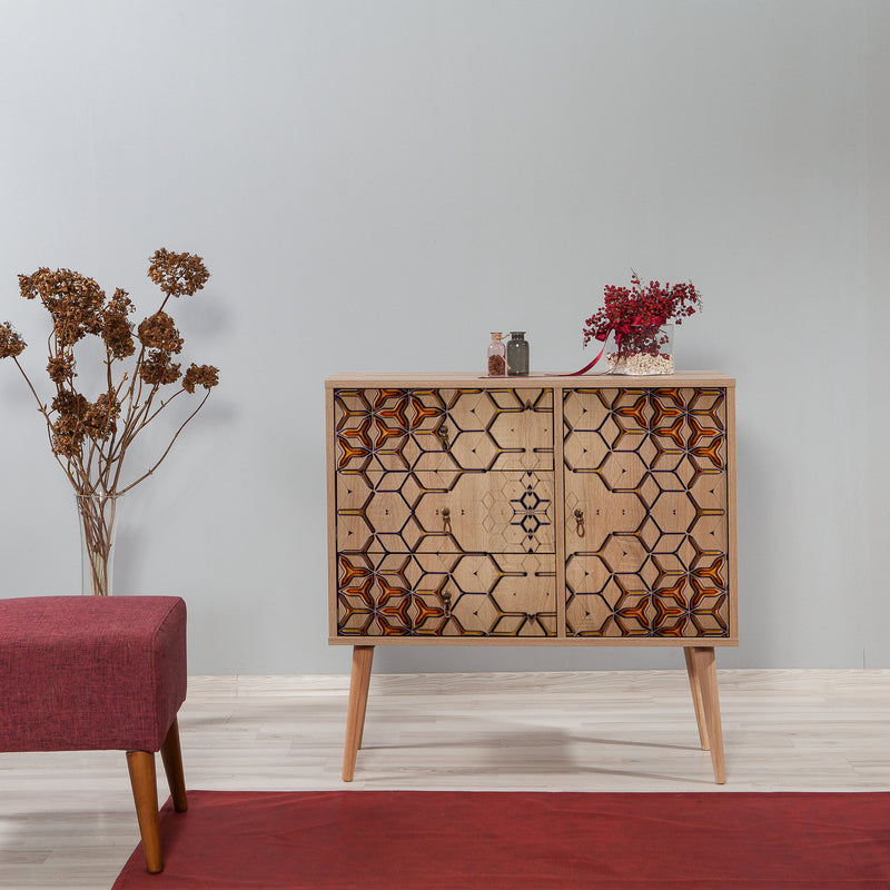 Mobiletto soggiorno anta e cassetti in legno naturale decorato cm 90x40x90h