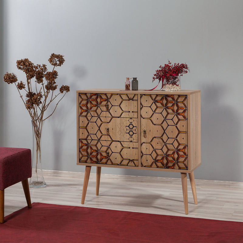 mobiletto soggiorno con anta e cassetti in legno colore quercia decorato con motivo a nido d&