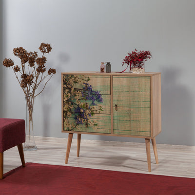 mobile con 3 cassetti e 1 anta in legno colore quercia frontale decorato con fantasia floreale
