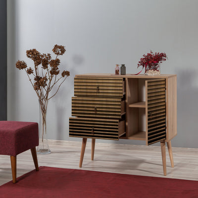 Mobile con anta e cassetti in legno colore quercia frontale decorato cm 90x40x90h