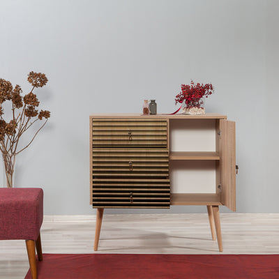 Mobile con anta e cassetti in legno colore quercia frontale decorato cm 90x40x90h