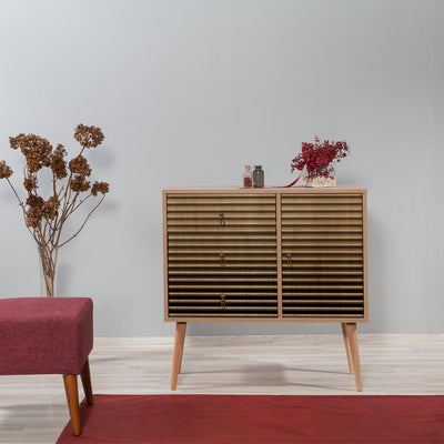 Mobile con anta e cassetti in legno colore quercia frontale decorato cm 90x40x90h