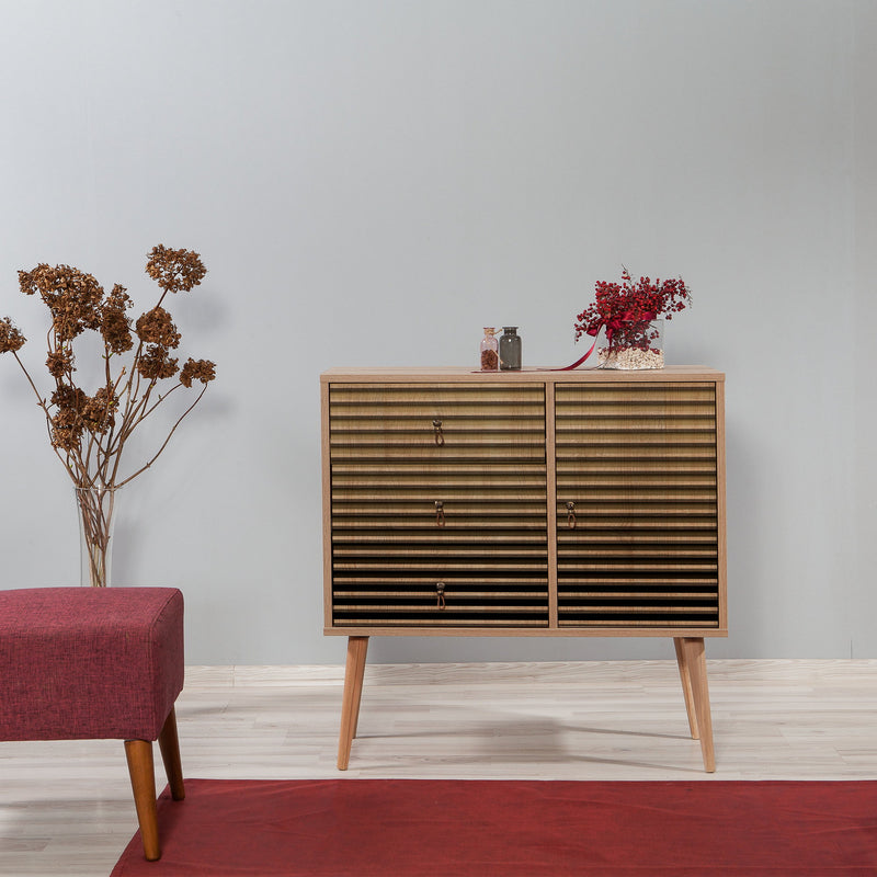 Mobile con anta e cassetti in legno colore quercia frontale decorato cm 90x40x90h