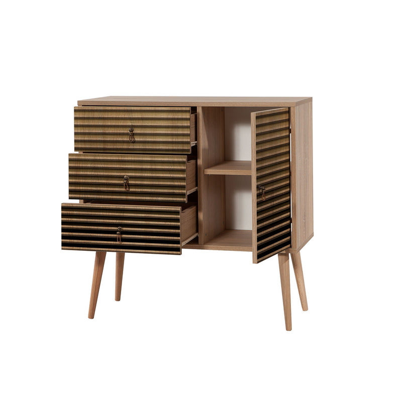 Mobile con anta e cassetti in legno colore quercia frontale decorato cm 90x40x90h