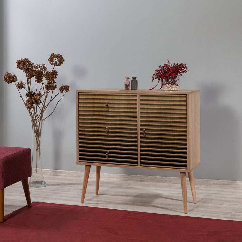 mobiletto con anta e 3 cassetti in legno colore quercia frontale effetto persiana