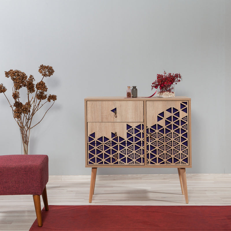 Mobiletto in legno 3 cassetti e anta colore naturale decorazione geometrica cm 90x40x90h