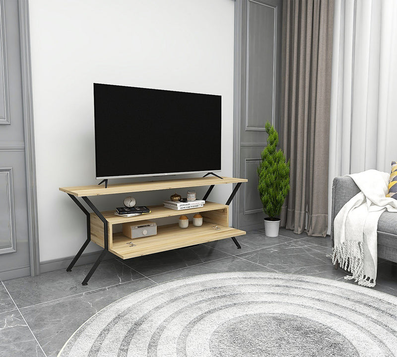 Mobiletto tv in legno rovere e metallo stile industriale cm 124x35x54h