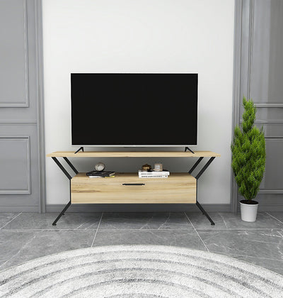 mobile porta tv in legno rovere con anta e piano sostegni laterali in metallo nero